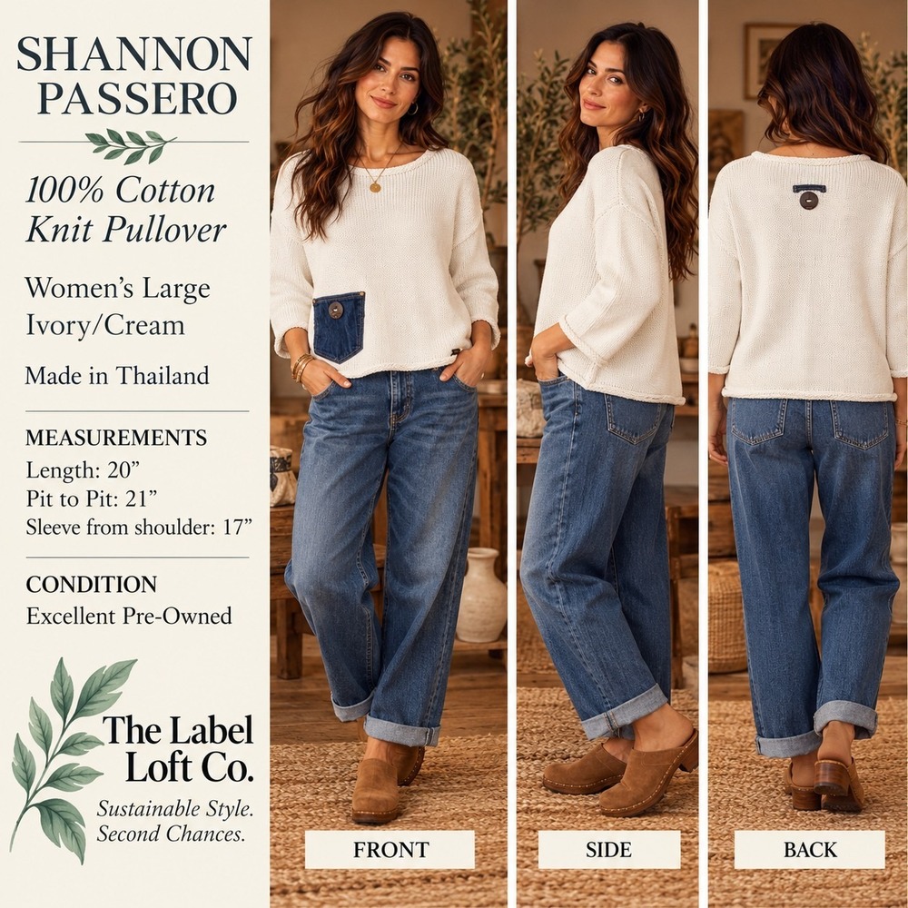 Shannon Passero Sweater Womens L Ivory Cotton Knit Denim Pocket Boho Artisan